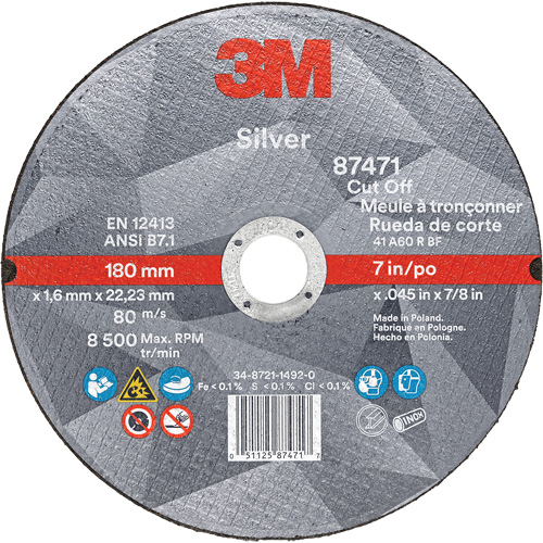 Silver Cut-Off Wheel, 7" x 0.045", 7/8" Arbor, Type 1, Ceramic, 8500 RPM OSI Industrial Sales
