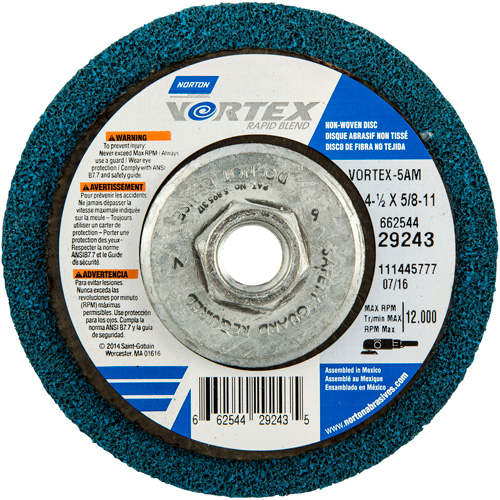 Meule abrasive non tiss&eacute;e &agrave; moyeu d&eacute;port&eacute; Vortez Rapid Blend, 4-1/2" dia., Grain 100-120, Oxyde d'aluminium OSI Industrial Sales