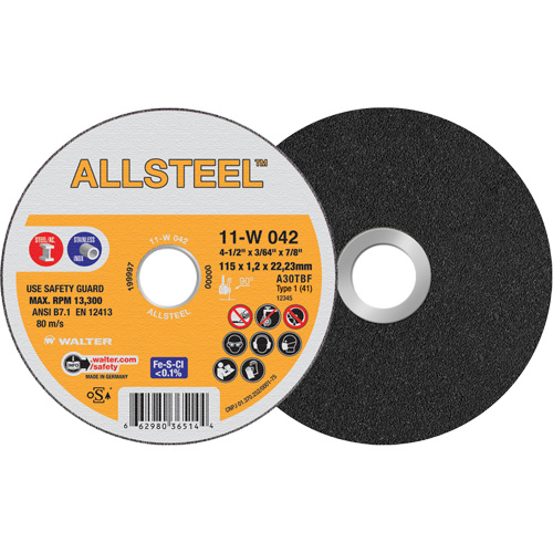 Meule &agrave; tronçonner AllSteel, 4-1/2" x 3/64", Arbre de 7/8", Type 1, Oxyde d'aluminium, 13 300 Tr/min OSI Industrial Sales