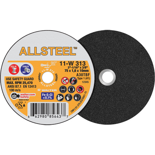 AllSteel Mini Cut-Off Wheel, 3" x 1/16", 3/8" Arbor, Type 1, Aluminum Oxide, 25470 RPM OSI Industrial Sales