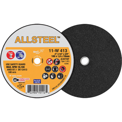 AllSteel Mini Cut-Off Wheel, 4" x 1/16", 3/8" Arbor, Type 1, Aluminum Oxide, 19100 RPM OSI Industrial Sales