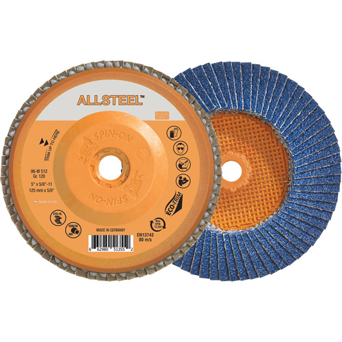 ALLSTEEL Flap Disc, 5" x 5/8"-11, Type 27, 120 Grit, Zirconia Alumina OSI Industrial Sales