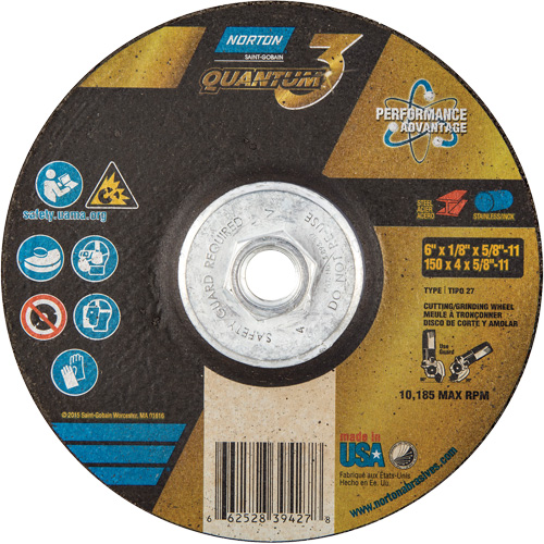 Quantum3 Grinding & Cutting Wheel, 6" x 1/8", 5/8"-11 Arbor, Type 27, 24 Grit, Ceramic Alumina OSI Industrial Sales