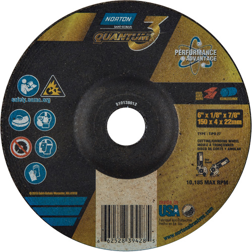 Quantum3 Grinding & Cutting Wheel, 6" x 1/8", 7/8" Arbor, Type 27, 24 Grit, Ceramic Alumina OSI Industrial Sales