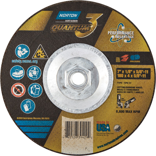 Quantum3 Grinding & Cutting Wheel, 7" x 1/8", 5/8"-11 Arbor, Type 27, 24 Grit, Ceramic Alumina OSI Industrial Sales