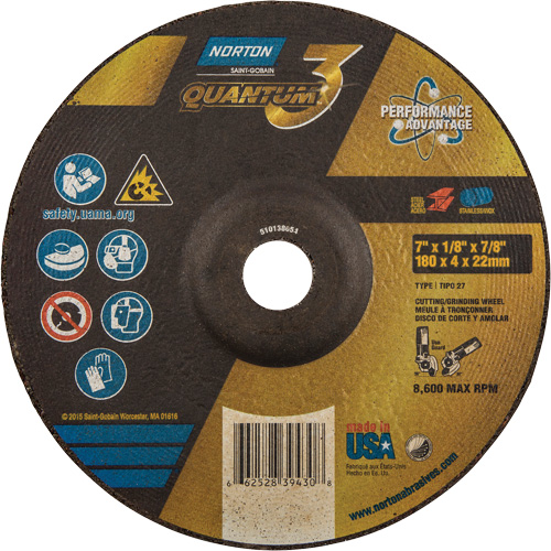 Quantum3 Grinding & Cutting Wheel, 7" x 1/8", 7/8" Arbor, Type 27, 24 Grit, Ceramic Alumina OSI Industrial Sales