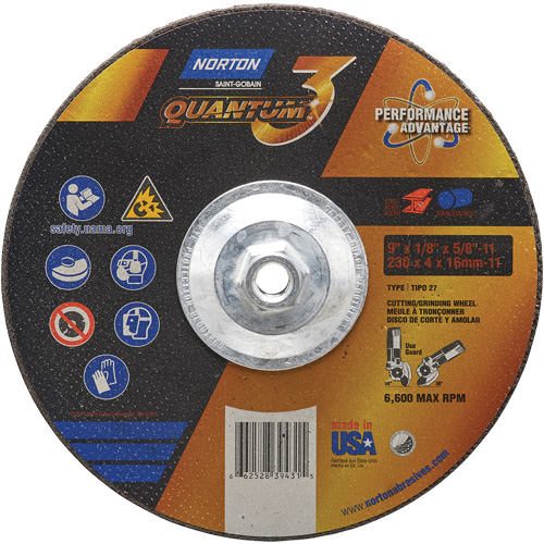 Quantum3 Grinding & Cutting Wheel, 9" x 1/8", 5/8"-11 Arbor, Type 27, 24 Grit, Ceramic Alumina OSI Industrial Sales