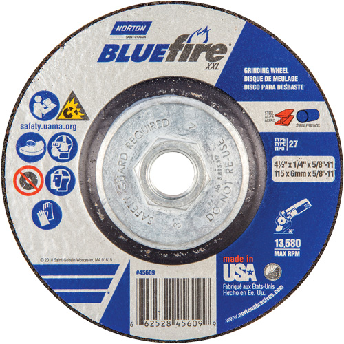 BlueFire&reg; XXL Grinding Wheel, 4-1/2" x 1/4", 5/8" Arbor, Ceramic Alumina, Type 27 OSI Industrial Sales