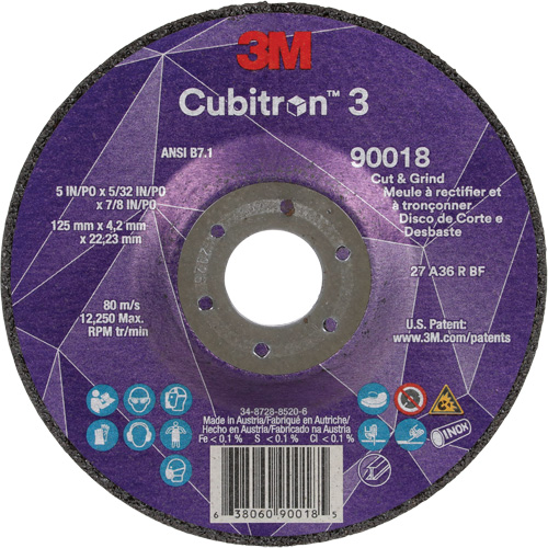 Meule &agrave; couper & tronçonner Cubitron 3, 5" x 5/32", Arbre de 7/8", Type T27, Grain de 36+, C&eacute;ramique OSI Industrial Sales
