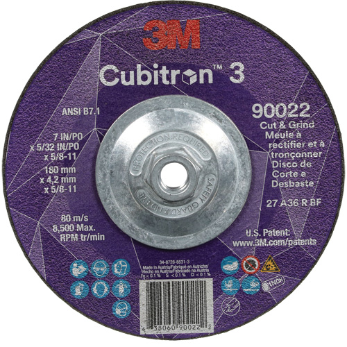 Meule &agrave; rectifier et &agrave; tronçonner Cubitron 3, 7" x 5/32", Arbre de 5/8"-11, Type 27, Grain de 36, C&eacute;ramique OSI Industrial Sales