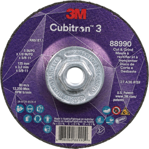 Meule &agrave; rectifier et &agrave; tronçonner Cubitron 3, 5" x 1/8", Arbre de 5/8"-11, Type 27, Grain de 36, C&eacute;ramique OSI Industrial Sales
