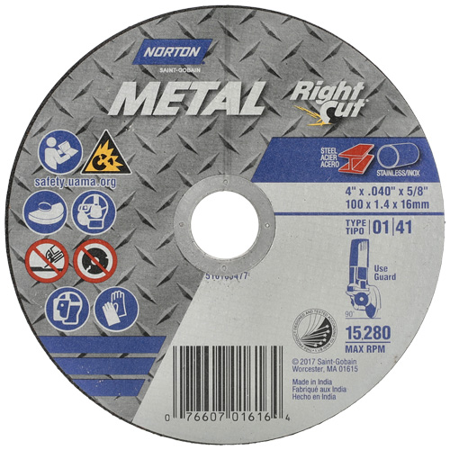 Meule &agrave; tronçonner m&eacute;tallique pour coupe &agrave; angle droit RightCut, 4-1/2" x 0,04", Arbre de 7/8", Type 01/41, Oxyde d'aluminium, 13580 Tr/min OSI Industrial Sales