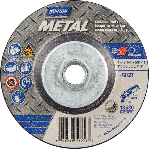 Meule pour le m&eacute;tal, 4-1/2" x 1/4", Arbre 5/8"-11, Oxyde d'aluminium, Type 27 OSI Industrial Sales