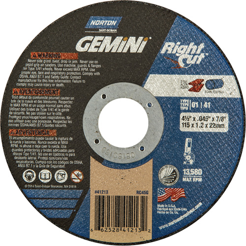 Meule &agrave; tronçonner pour coupe &agrave; angle droit RightCut Gemini, 4-1/2" x 0,045", Arbre de 7/8", Type 01/41, Oxyde d'aluminium, 13580 Tr/min OSI Industrial Sales