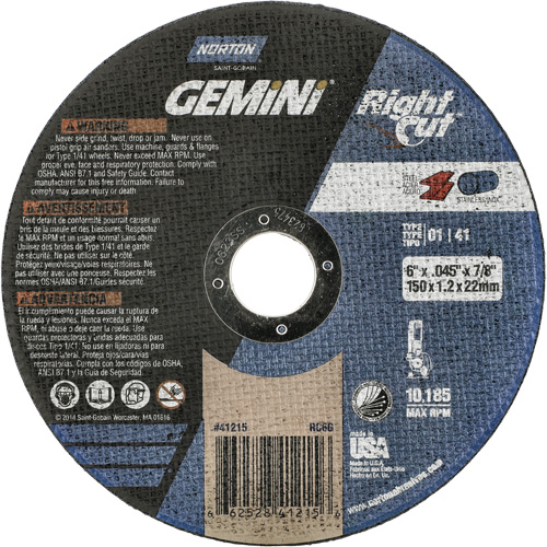 Meule &agrave; tronçonner pour coupe &agrave; angle droit RightCut Gemini, 6" x 0,045", Arbre de 7/8", Type 01/41, Oxyde d'aluminium, 10185 Tr/min OSI Industrial Sales