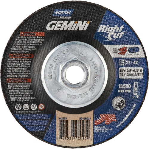 Meule &agrave; tronçonner pour coupe &agrave; angle droit RightCut Gemini, 4-1/2" x 0,045", Arbre de 5/8"-11, Type 27/42, Oxyde d'aluminium, 13580 Tr/min OSI Industrial Sales