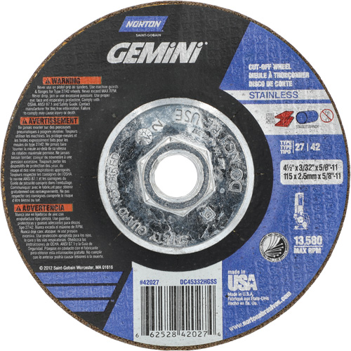 Meule &agrave; tronçonner pour coupe &agrave; angle droit INOX/SS Gemini, 4-1/2" x 3/32", Arbre de 5/8"-11, Type 27/42, Oxyde d'aluminium, 13580 Tr/min OSI Industrial Sales