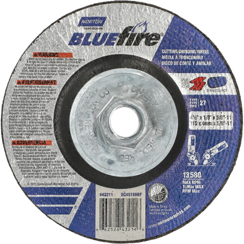 Disque de meulage et tronçonnage BlueFire, 4-1/2" x 1/8", Arbre de 5/8"-11, Type 27, Alumine de zirconium OSI Industrial Sales