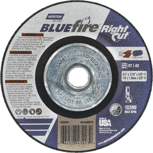 Meule &agrave; tronçonner pour coupe &agrave; angle droit RightCut BlueFire, 4-1/2" x 1/16", Arbre de 5/8"-11, Type 27/42, Oxyde d'aluminium, 13580 Tr/min OSI Industrial Sales