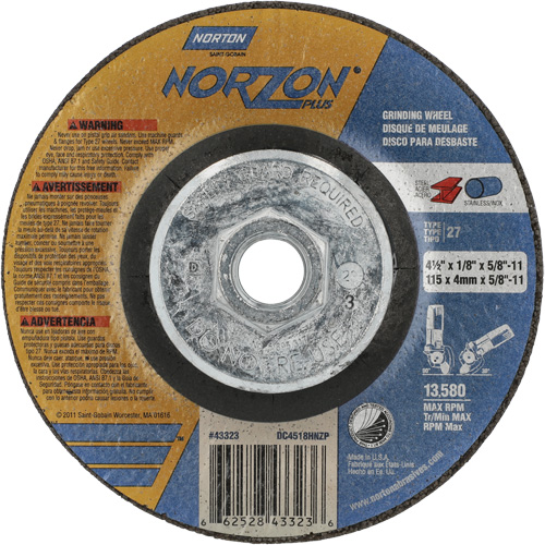 Disque de meulage et tronçonnage NorZon Plus SGZ CA, 4-1/2" x 1/8", Arbre de 5/8"-11, Type 27, C&eacute;ramique d'alumine OSI Industrial Sales