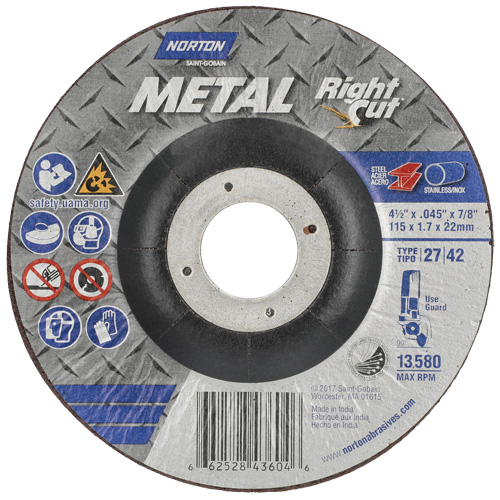 Meule &agrave; tronçonner m&eacute;tallique pour coupe &agrave; angle droit RightCut, 4-1/2" x 0,045", Arbre de 7/8", Type 27, Oxyde d'aluminium, 13580 Tr/min OSI Industrial Sales