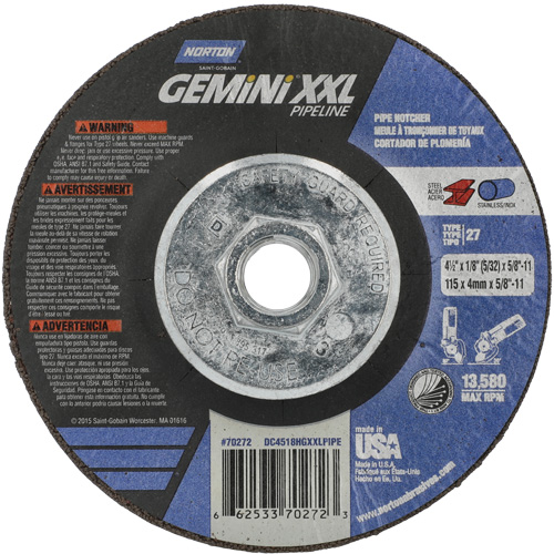 Disque combin&eacute; de meulage et tronçonnage Gemini XXL, 4-1/2" x 1/8", Arbre de 5/8"-11, Type 27, Oxyde d'aluminium OSI Industrial Sales
