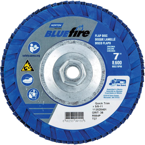BlueFire&reg; Standard-Density Flap Disc, 7" x 5/8"-11, Type 27, P36 Grit, Zirconia Alumina OSI Industrial Sales