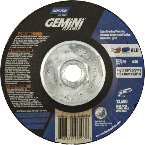 Gemini Flexible A AO Grinding and Cutting Wheel, 4-1/2" x 1/8", 5/8"-11 Arbor, Type 29, Aluminum Oxide, 13580 RPM OSI Industrial Sales