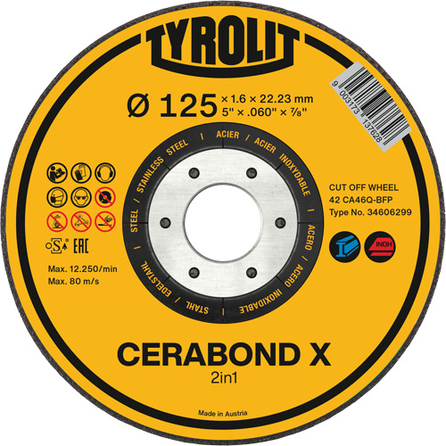CERABOND X Cut-Off Wheel for Steel & Stainless Steel, 4-1/2" x 0.6", 7/8" Arbor, Type 1, Ceramic, 12250 RPM OSI Industrial Sales