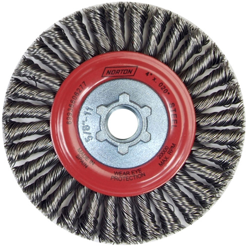 Brosse &agrave; fils nou&eacute;s pour cordons de soudure pour meuleuse angulaire, Dia. 4", Fils 0,02", Arbre 5/8"-11, Acier OSI Industrial Sales