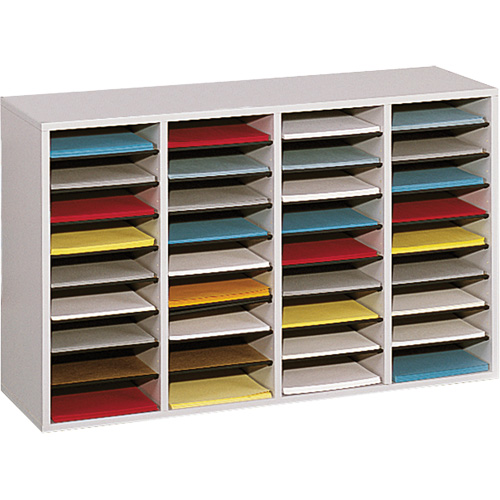 Adjustable Compartment Literature Organizer, Stationary, 36 Slots, Wood, 39-1/4" W x 11-3/4" D x 24" H OSI Industrial Sales