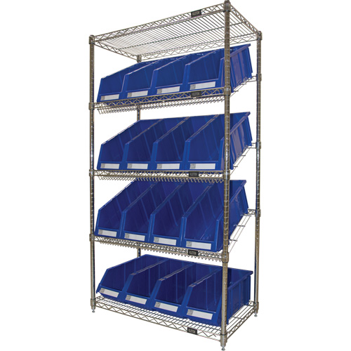 Slanted Wire Shelf with Bins, 5 Tiers, 36" W x 63" H x 18" D OSI Industrial Sales