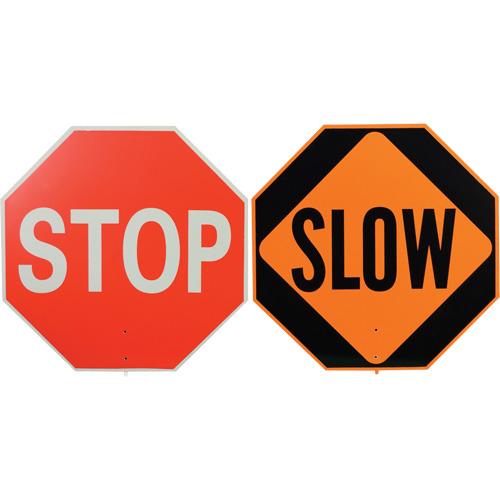 Double-Sided "Stop/Slow" Traffic Control Sign, 18" x 18", Plastic, English with Pictogram OSI Industrial Sales
