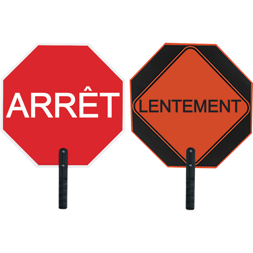 Double-Sided "Arr&ecirc;t/Lentement" Traffic Control Sign, 18" x 18", Aluminum, French with Pictogram OSI Industrial Sales