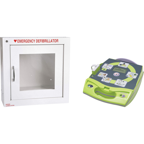 AED Plus&reg; Defibrillator with Alarmed Flush Wall Cabinet, Automatic, English, Class 4 OSI Industrial Sales