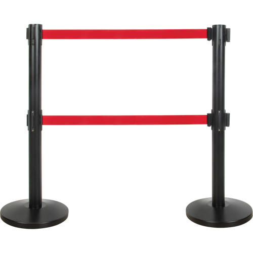 Dual Belt Crowd Control Barrier, Steel, 35" H, Red Tape, 7' Tape Length OSI Industrial Sales