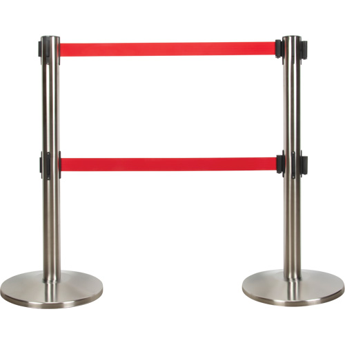 Barri&egrave;re pour le contr&ocirc;le des foules &agrave; courroie double, Acier, 35" h, Ruban Rouge, Longueur du ruban 7' OSI Industrial Sales