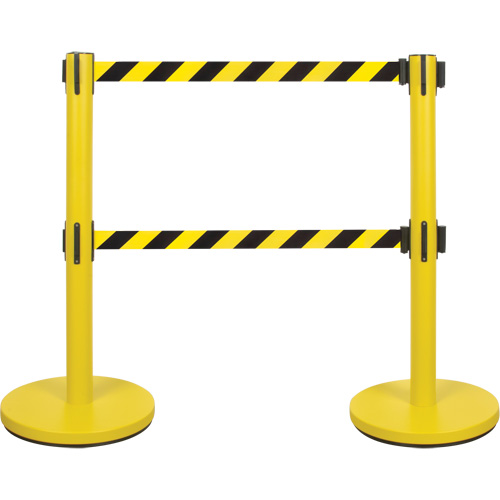 Dual Belt Crowd Control Barrier, Steel, 35" H, Black/Yellow Tape, 7' Tape Length OSI Industrial Sales