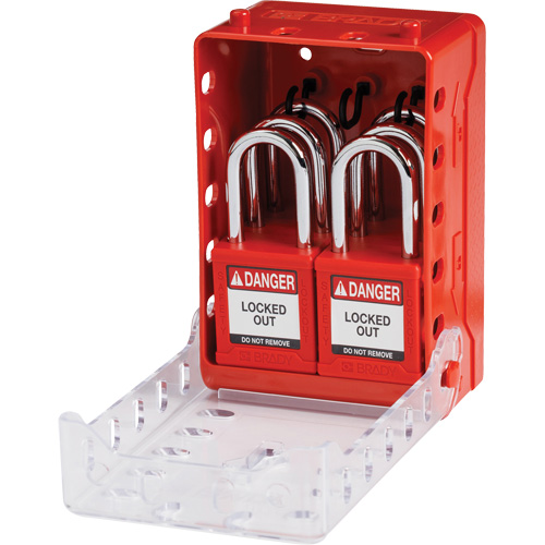 Boîte de cadenassage de groupe ultra compacte avec cadenas de s&eacute;curit&eacute; en nylon, Rouge OSI Industrial Sales