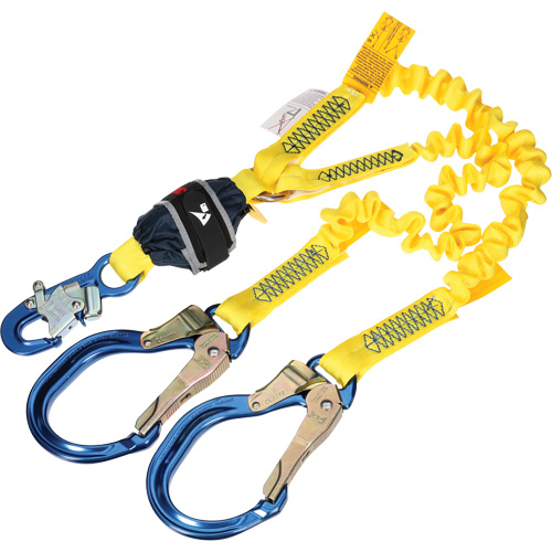 Twin-Leg Stretch Web Shock-Absorbing Lanyard, 6', Rebar Hook Center, Snap Hook Leg Ends OSI Industrial Sales