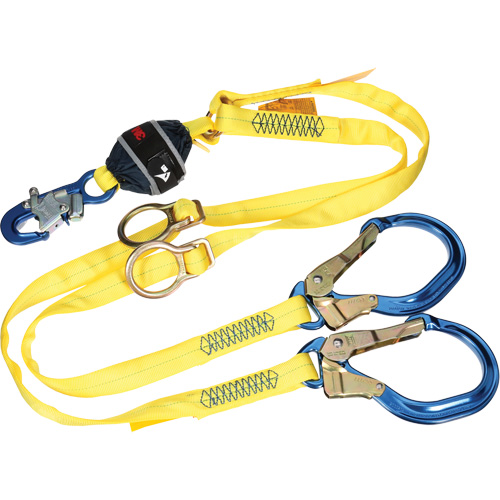 Twin-Leg Tie-Back Web Shock-Absorbing Lanyard, 6', Rebar Hook Center, Snap Hook Leg Ends, Polyester OSI Industrial Sales