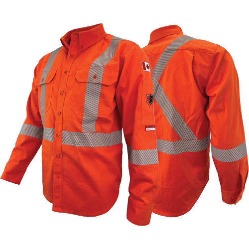 Chandail de travail &agrave; manches longues ignifuge et r&eacute;sistant &agrave; l'arc &eacute;lectrique avec bandes de 2" Atlas Guardian, T-petit, Orange haute visibilit&eacute; OSI Industrial Sales