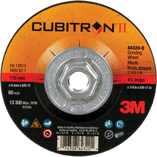 Cubitron II Quick Change Depressed Centre Grinding Wheel 64320, 4-1/2" x 1/4", 5/8"-11 Arbor, Type 27, Ceramic OSI Industrial Sales