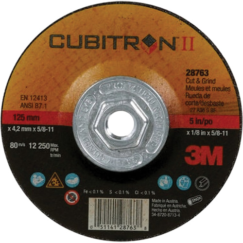 Disque de coupe et de meulage &agrave; changement rapide Cubitron II, 5" x 1/8", Arbre de 5/8"-11, Type 27, C&eacute;ramique OSI Industrial Sales
