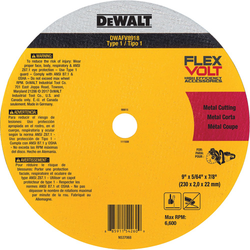Meule de tronçonnage des m&eacute;taux FlexVolt, 9-1/16" x 0,078", Arbre 22,23 mm, C&eacute;ramique, Type 1 OSI Industrial Sales