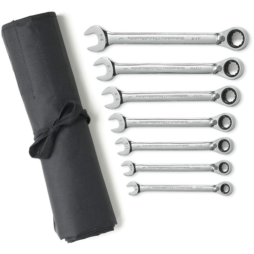 Jeu de cl&eacute;s &agrave; cliquets r&eacute;versibles SAE &agrave; 12 pans et 72 dents avec pochette &agrave; outils enroulable, Combinaison, 7 morceaux, Imp&eacute;rial OSI Industrial Sales