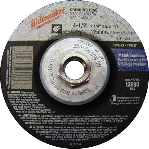 Grinding Wheel, 4-1/2" x 1/4", 5/8"-11 Arbor, Aluminum Oxide, Type 27 OSI Industrial Sales