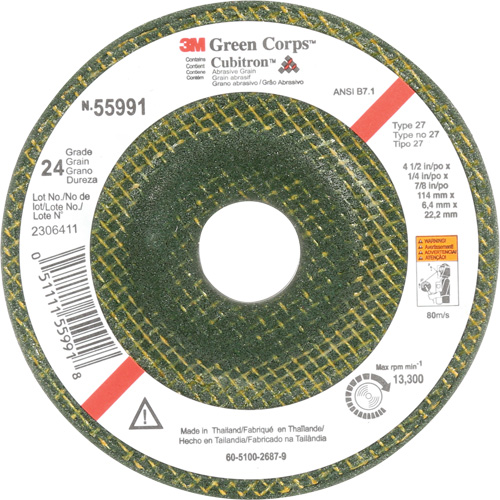 Meule &agrave; moyeu d&eacute;port&eacute; Green Corps, 4-1/2" x 1/4", Arbre 7/8", C&eacute;ramique, Type 27 OSI Industrial Sales