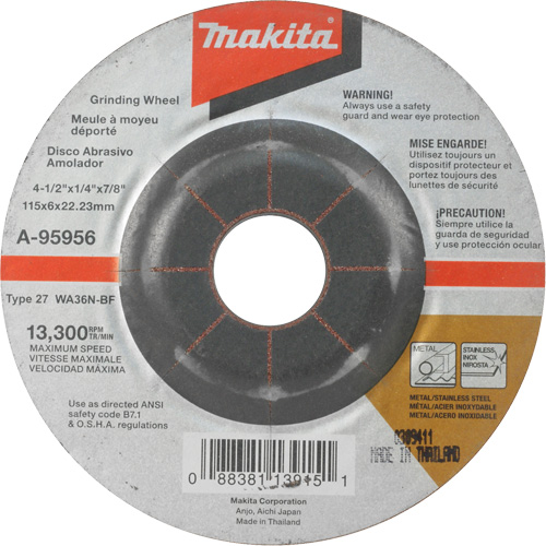 Meule inox, 4-1/2" x 1/4", Arbre 7/8", Oxyde d'aluminium, Type 27 OSI Industrial Sales