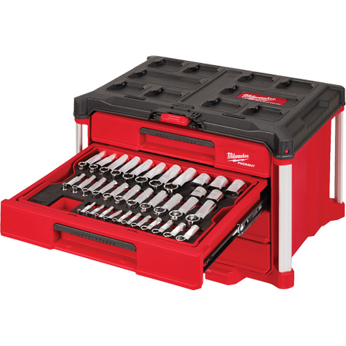 242-Piece 1/4”, 3/8” & 1/2” Drive Metric & SAE Ratchet & Socket Set with PACKOUT 4-Drawer Tool Box, 16-3/10" x 22-1/5" x 14-3/10", Black/Red OSI Industrial Sales